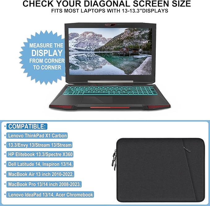 Laptop Sleeve Case 13.3 inch, Shockproof Protective Computer Cover with Accessories Pocket, Portable Laptop Bag Compatible with MacBook Air/Pro 13-13.3 inch, Compatible for MacBook Pro 14 inch, Black | Shockproof