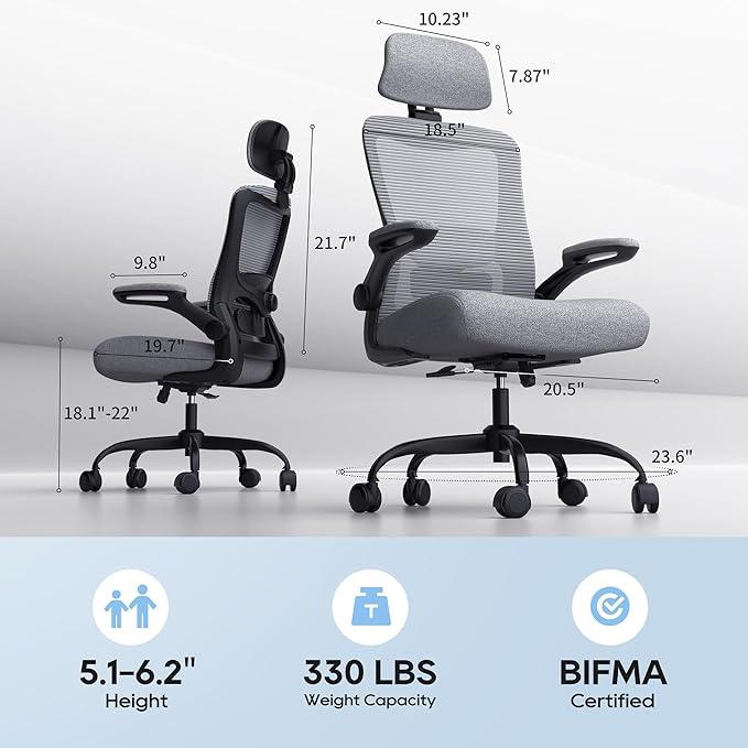 Ergonomic Office Chair, High Back Mesh Desk Chair with Adjustable Lumbar Support & Headrest, Flip-up Armrest, Computer Task Chairs for Home and Executive Office (B-Grey)