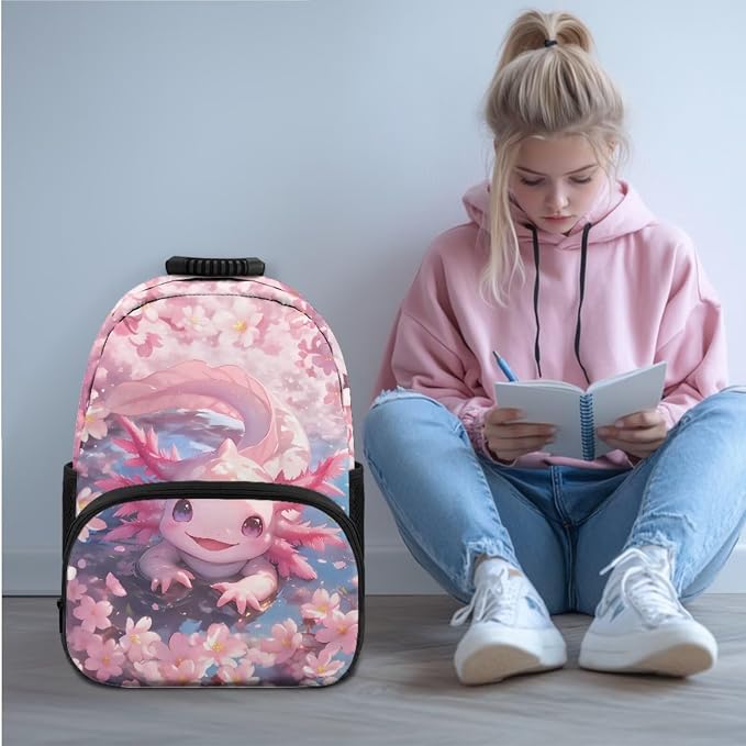 Ystardream Cartoon Axolotl Kids Elementary Backpack for Girls Backpack with Lunch Box Pencil Case Water Bottle Sleeve 4 in 1 for Middle High School Students Large Capacity Book Bag,17Inch