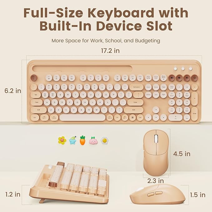 Wireless Keyboard and Mouse Combo, Retro Round Keycaps, Full-Size Typewriter Keyboard with Phone/Tablet Holder, Ergonomic Mouse with 3-Level DPI, 2.4GHz Connection for Windows/PC (Beige Colorful)