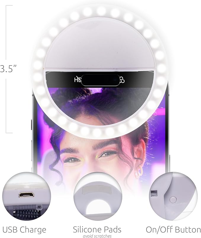 Windy City Novelties Rechargeable LED Selfie Ring Light – Clip-On 3.5” Phone Light for iPhone, Android & Laptops – USB Charging, Adjustable Brightness – Portable Selfie & Video Lighting