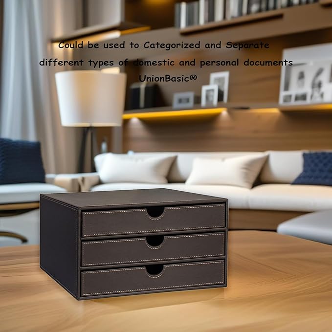 UnionBasic Leather Desktop Drawer Organizer, File Cabinet Magazine Document Holder, Office Supplies Desk Storage Organizer Box, 3 Drawer, Coffee