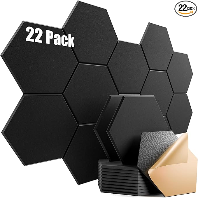 22 Pack Self-Adhesive Acoustic Panels 12" X 10" X 0.4" - Sound Proof Foam Panels with High Density, Hexagonal Design, Flame Resistant, Absorb Noise and Eliminate Echoes(Black)