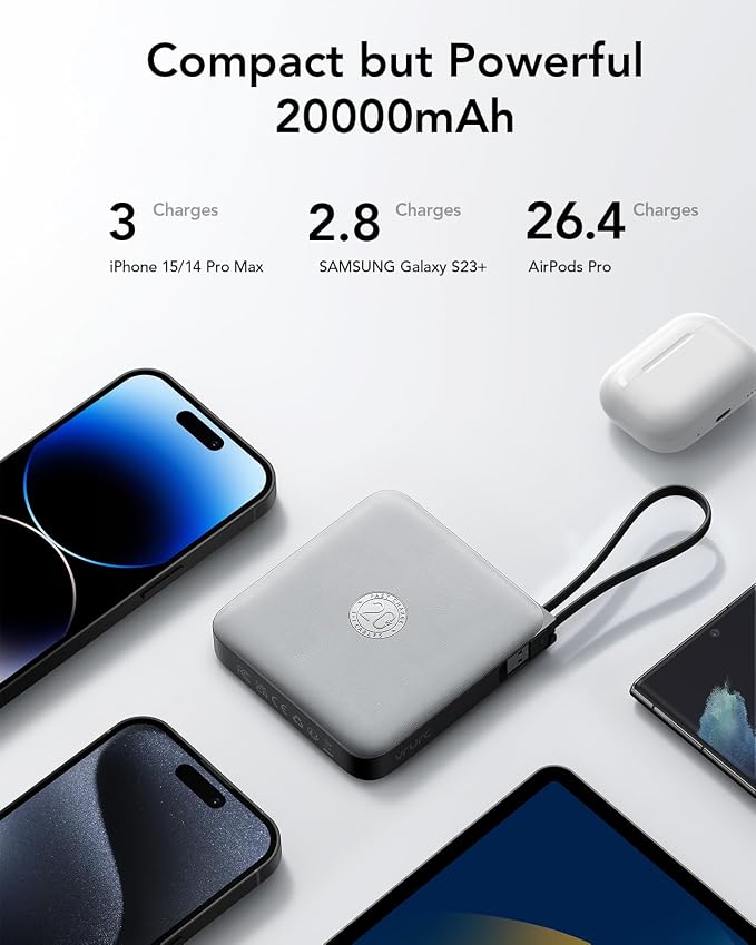 20000mAh Power Bank with 4 Built-in Cables, Travel Essentials, Gray(1 Pack) | Portable Phone Charger Fast Charging 22.5W USB C Battery Pack for iPhone 17/16/15 Series, Samsung Galaxy Series etc