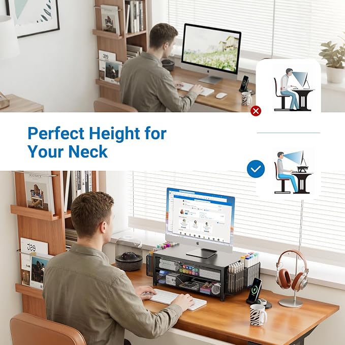 OPNICE Desk Organizer and Accessories, 2-Tier Computer Monitor Stand Riser with Drawer and 2 Pen Holders, Laptop Stand, Office Desk Accessories for Office Supplies, Black Double-Drawer & Dual Pen Holders