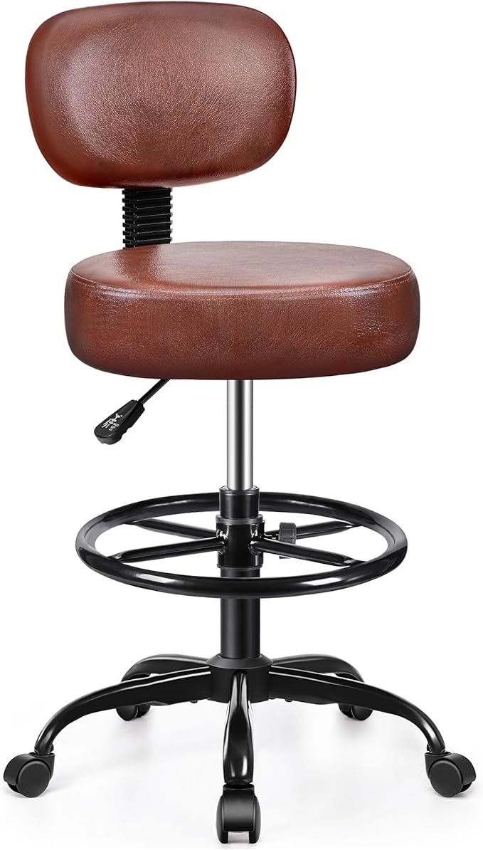Brick Attic Drafting Chair with Backrest – Adjustable Foot Rest Rolling Stool with Wheels, PU Leather Swivel Stool for Office Spa Studio Lab Counter Salon Home Work Bar Kitchen Shop(Ember Brown)