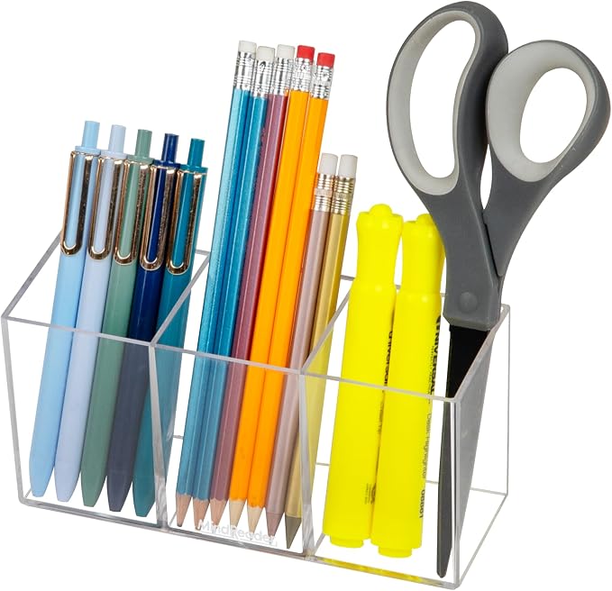 Mind Reader Pen and Accessories Holder, Desktop Organizer, Makeup Organizer, Office, Acrylic, 7"L x 2.5"W x 3.5"H, Clear