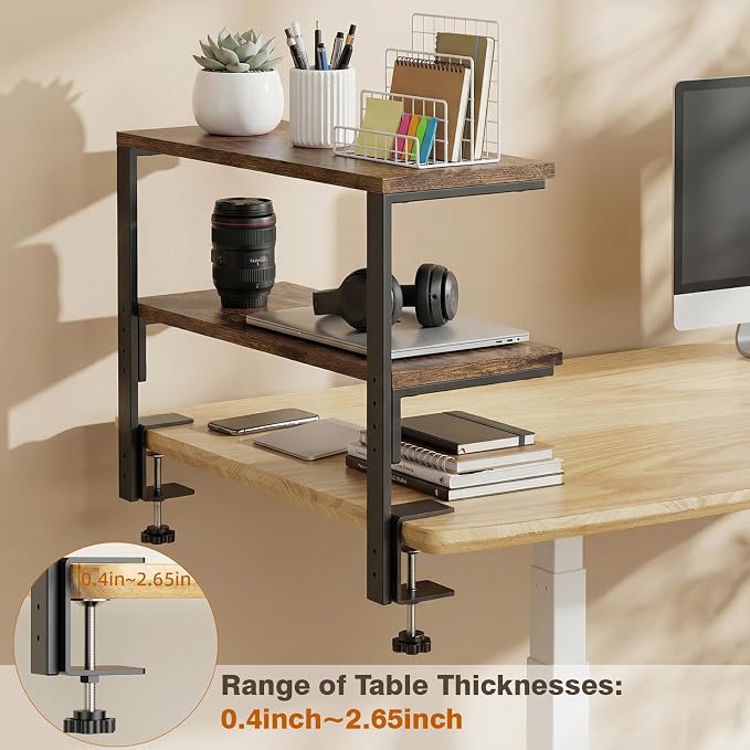 2-Tier Desk Extender, 22-inch Clamp-On Desk Shelf, Height-Adjustable Desktop Shelf Organizer for Monitors Office and Gaming Accessories, Arm Support Table Extension, Dark Brown