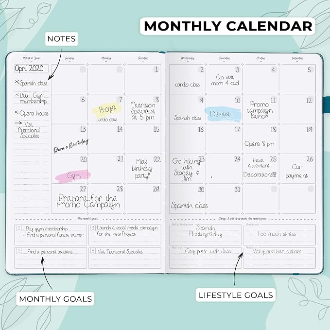 GoGirl Planner PRO Schedule - Undated Planner with Hourly Time Slots, Monthly, Weekly & Daily Organizer, Appointment Book for time Management, 7"x10" Hardcover, Lasts 1 Year - Aquamarine