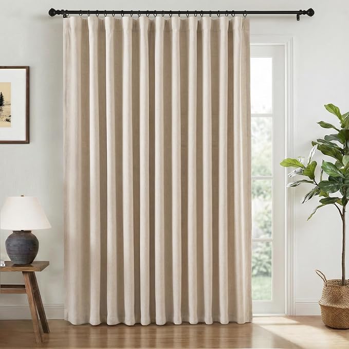 INOVADAY 100% Blackout Curtains for Bedroom, Oatmeal Black Out Curtains 108 Inch Long, Clip Rings Linen Blackout Drapes, Thermal Insulated Room Darkening for Living Room, 1 Panel - W102xL108