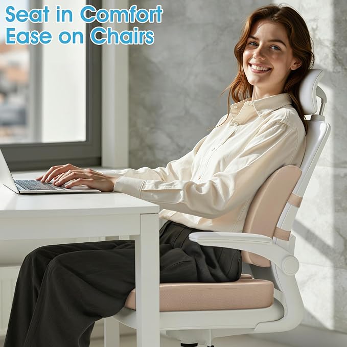 CushZone Ergonomic Seat Cushion & Lumbar Support Pillow - Memory Foam for Sciatica Pain Relief & Posture Correction, Non-Slip Chair Cushions for Office Chair/Car/Wheelchair/Travel, Khaki X-Large