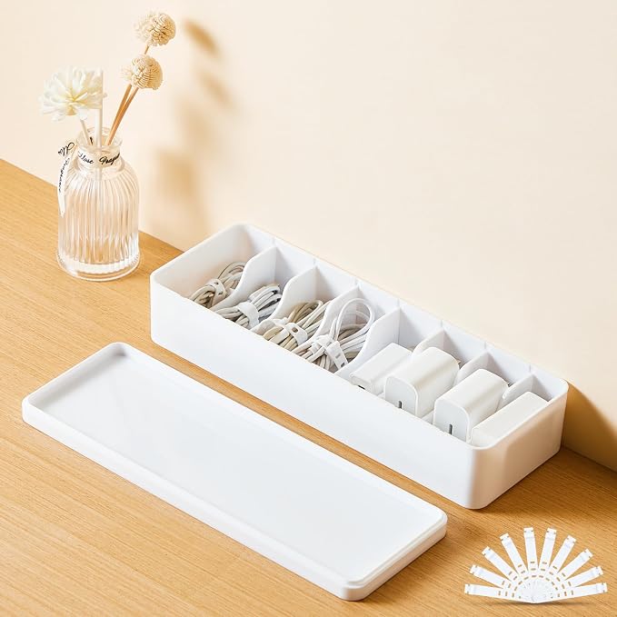 Tatuo 1 Pcs Cord Organizer for Drawer Desktop, Cable Organizer Box with 8 Compartments and Wire Ties, Plastic Charger Storage with Lid, Electronics Case for Home Office Accessories (Small,White)