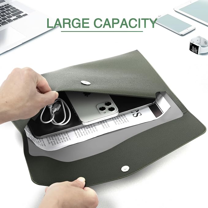 FYY File Folder, PU Leather A4 Document Holder File Organizer Filing Envelope Portfolio Case Tablet Sleeve with Magnetic Snap Closure for Home School Office Stationery LightGreen
