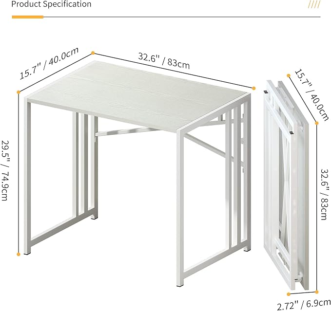 Lutown-Teen Small Folding Desk 32 inch, No Assembly Required Small Office Desk, Writing Gaming Computer Camping Desk, White