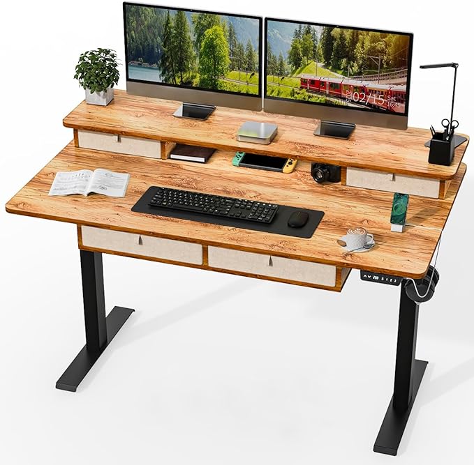 Kingant Electric Standing Desk with 4 Drawers,USB Charging Ports 55"x 30" | Ergonomic Height Adjustable Large Workstation, Heavy-Duty Sit Stand Up Desk For Home Office Daily Work,Light Rustic Brown