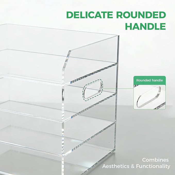 Paper Tray Organizer for Desk, 4 Tier Acrylic Desk Organizers and Accessories, One-Piece Integrated A4 Paper Organizer with Handles, Crystal-Clear Letter Tray & Office File Holder, Books Notes