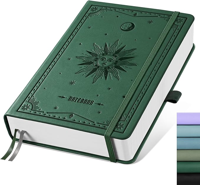 EMSHOI Dotted Journal Notebook, 320 Pages, A5 Small 5.75"x8.38", PU Leather Hardcover, 100 GSM Thick Paper, 5mm Dot Grid Notebook for Journaling, Planning, Drawing, Writing, Dark Green