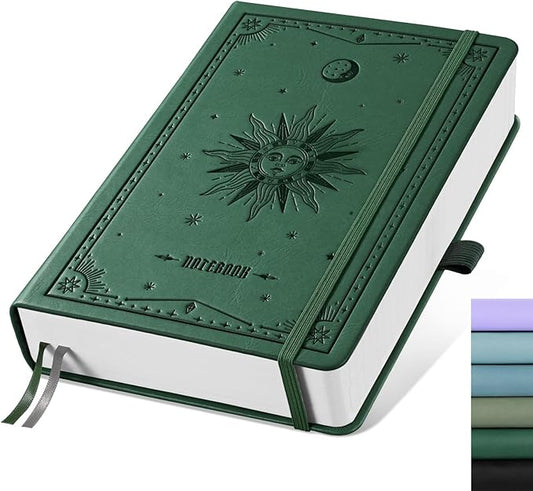 EMSHOI Dotted Journal Notebook, 320 Pages, A5 Small 5.75"x8.38", PU Leather Hardcover, 100 GSM Thick Paper, 5mm Dot Grid Notebook for Journaling, Planning, Drawing, Writing, Dark Green