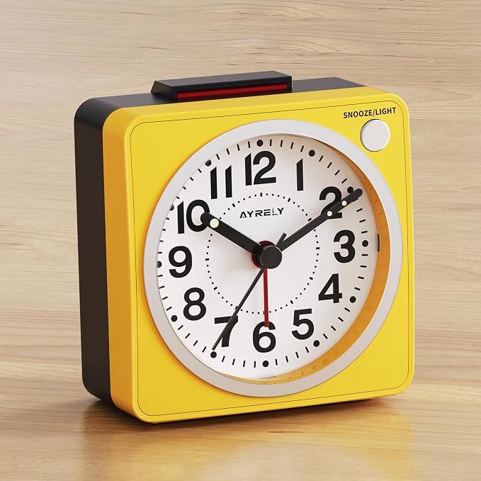 AYRELY® 2.6" × 1.4" Ultra Small Battery Operated Analog Travel Alarm Clock | Silent Non-Ticking Retro Bedside Table Clock with Snooze, Light and Easy Top Alarm Switch for Travel and Bedrooms (Yellow)