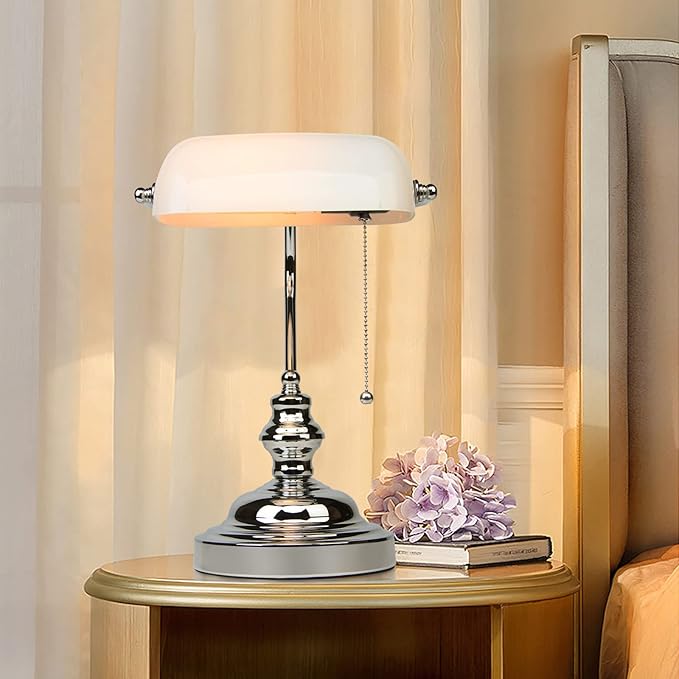 FIRVRE Bankers Lamp White Shade, Bankers Desk Lamp Library Lamp with Pull Chain, Vintage Desk Lamp for Office, Study Room