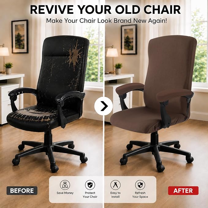 Stretch Computer Office Chair Cover with Armrest Covers Durable Zipper Universal Washable Removable Spandex Rotating Boss Chair Slipcovers Anti-dust Soft Desk Chair Seat Protector, Mocha