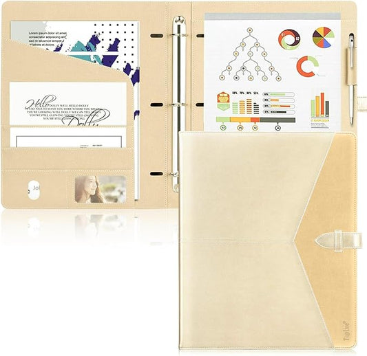 Toplive Padfolio 3 Ring Binder Organizer Business Portfolio Folder for Women, A4/ Letter Size PU Leather Portfolio Padfolio for Interview Conference Presentation, Gold