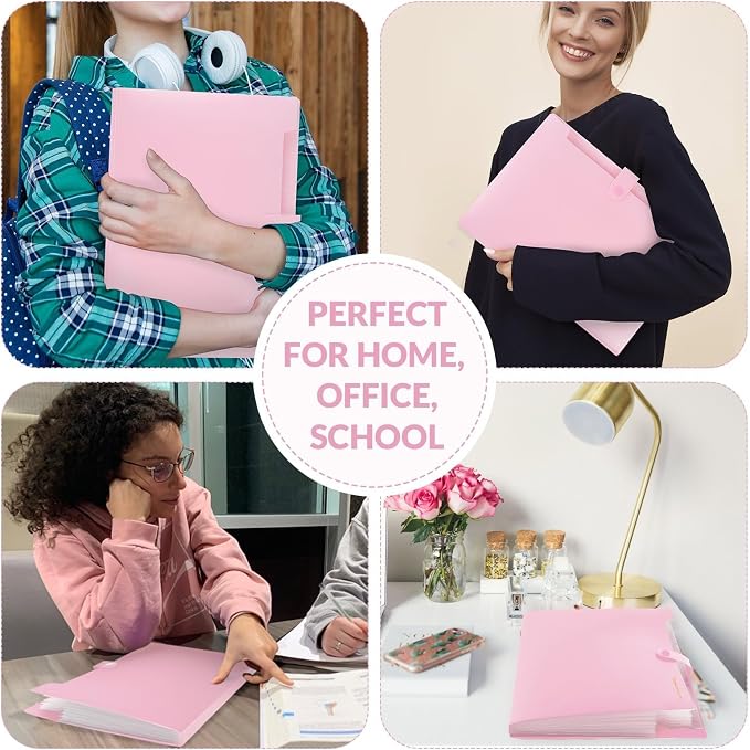 SKYDUE Accordion File Organizer, Expanding File Folder with 8 Pockets, Portable Document Paper Organizer, Letter/A4 Size Filing Folder，School Office Supplies Hospital Bag Essentials Pink