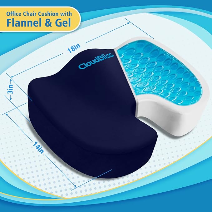 CloudBliss Gel Memory Foam Seat Cushion for Long Sitting, Large, Blue | Gel Chair Pad for Tailbone, Coccyx, Sciatica , Soft Suede Cover, Non-Slip , Washable Mesh, for office, home, car