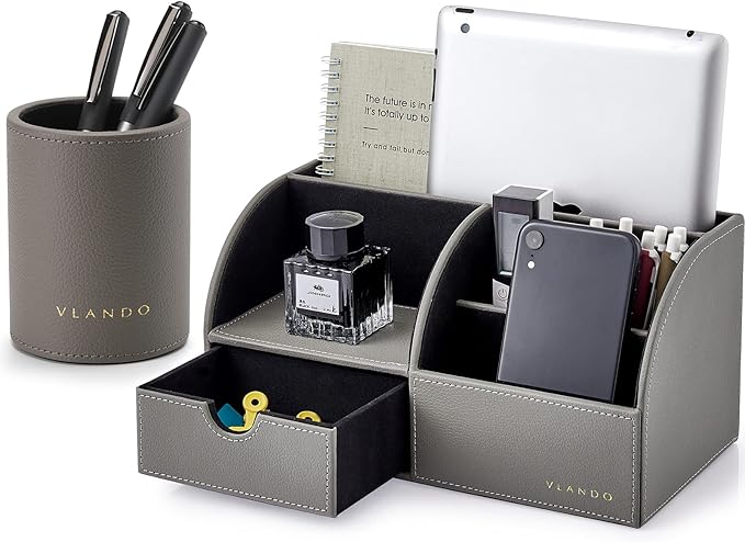 VLANDO Office Desk Organizer Leather Desktop Organizer Caddy with Drawer for Storing Desktop Supplies and Accessories (Grey Set)