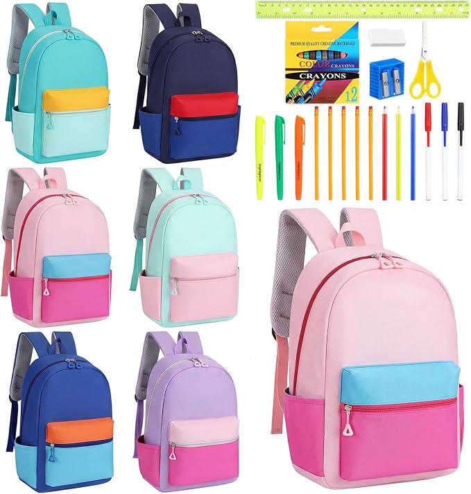 17'' Backpacks Bulk with Supplies Stationery Kits, Printed Bookbags and Writing Accessories Kit for Donation(Color Block,6 Pack)
