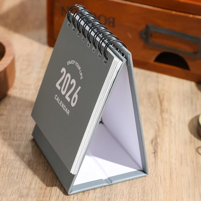 Mini Desk Calendar 2026-2027 - Runs From January 2026 until June 2027 Small Desktop Calendar Thick Paper Twin-Wire Binding with Stickers for Home Office School (Mini Grey)