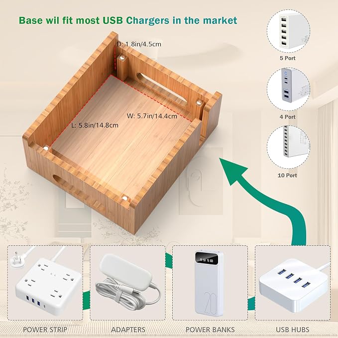 Pezin & Hulin Bamboo Charging Station with USB Charger,5Cables-Natural | Desk Docking Station Smart Watch&Earbuds Stand for Multiple Devices Electronic Organizer for Cell Phone, Tablet