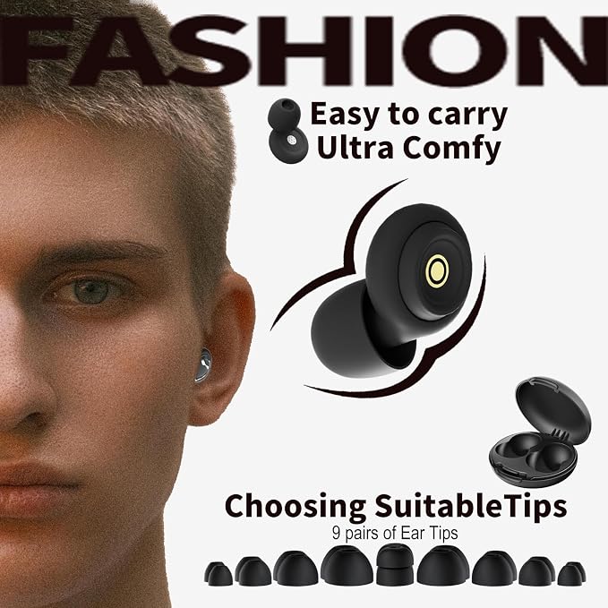 Ear Plugs for Sleeping Ultra-Comfy Silicone Earplugs for Concerts Noise Cancelling Reusable Noise Reduction Earbuds for Travel Focus Work 33-45dB Hearing Protection with 9 Tips & Case (Black)