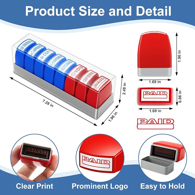 8 Pcs Office Stamps for Business, Paid Void Copy Scanned Confidential Approved Original Entered Self Inking Red Blue Rubber Stamps with Storage Tray, Account Finance Staff Supplies