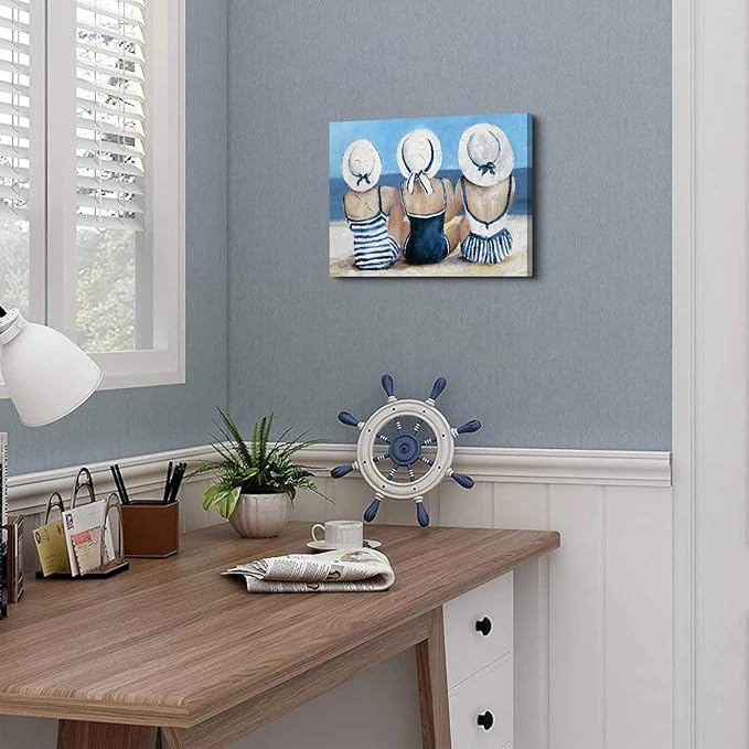 Coastal Beach Wall Art Bathroom Wall Decor Nautical Theme Picture Teen Girls Bedroom Decor Retro Vintage Blue Ocean Poster Swimsuit Girl Painting Beauty Room Artwork Beachy Home Decorations 12x16”