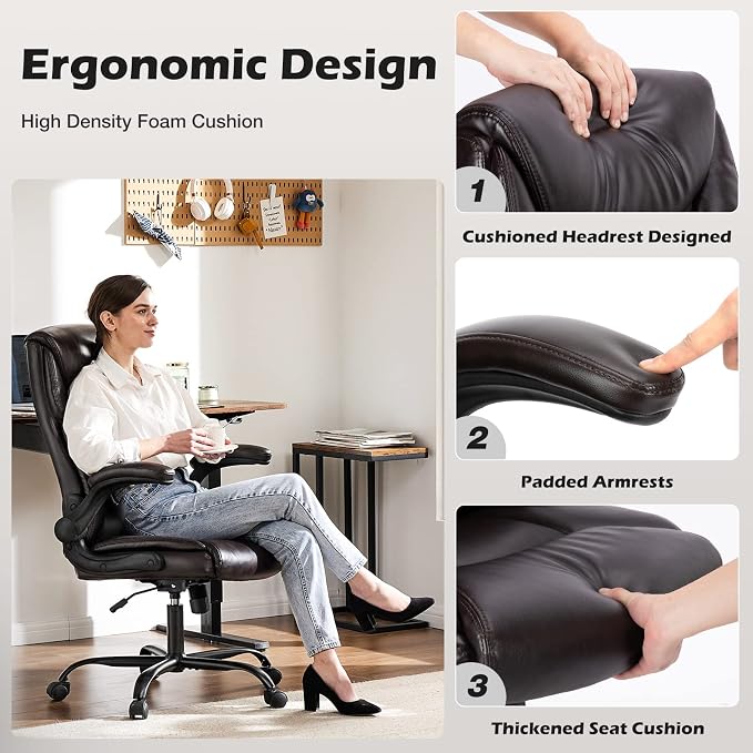 DUMOS Office Chair Set of 2 - Ergonomic Executive Computer Desk Chairs with Adjustable Flip-up Armrest, Swivel Task Chair with Lumbar Support, Strong Metal Base, PU Leather, Brown