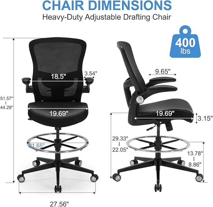 Drafting Chair 400lbs Heavy Duty Tall Office Chair Big and Tall Ergonomic Standing Desk Chair with Lumbar Support and Adjustable Footrest Ring, Comfy Mesh Wide Chair with Flip-up Armrests, Black
