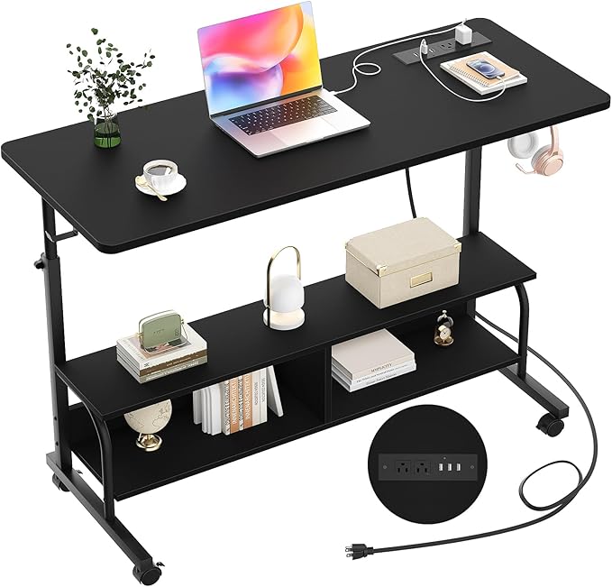 Armocity Rolling Standing Desk with Charging Station, Portable Height Adjustable Mobile Computer Desk with Wheels & 2-Tier Shelves & Hooks, Easy Assembly Laptop Table for Couch Bed, 47" Black