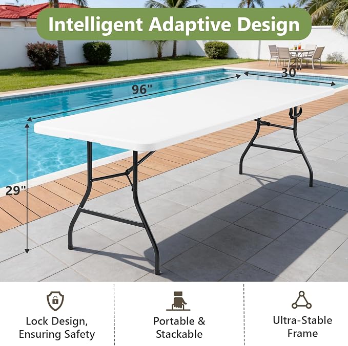 8FT Folding Table, Heavy Duty Plastic Fold-in-Half Utility Table with Handle, Portable Camping Picnic Table with Steel Legs for Indoor Outdoor Party, Dining, White