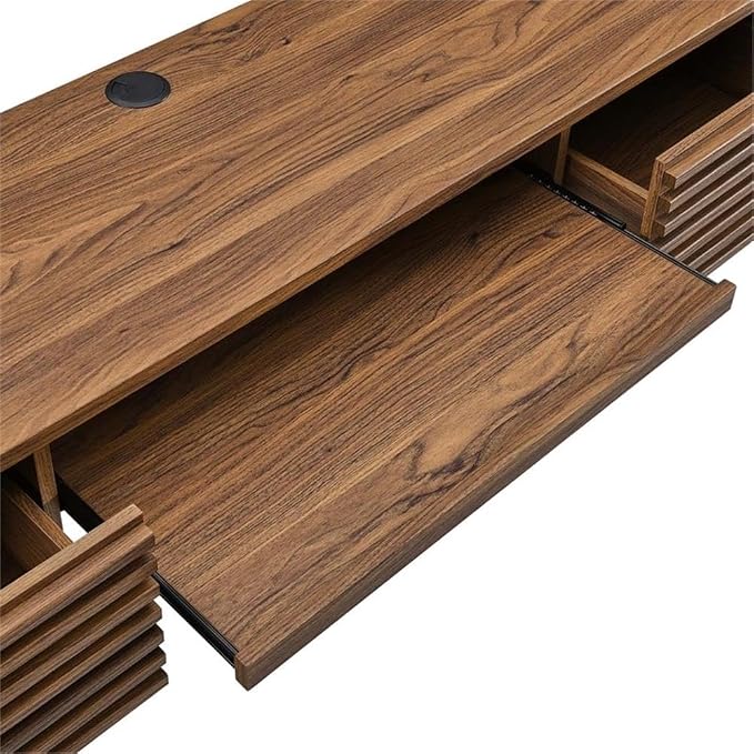 Pemberly Row Wall Mount Office Desk, 60 in Wide Particleboard and Wood, Walnut Finish, Pull-Out Keyboard Tray, Cable Management, Full-Extension Glide Drawers, Mid-Century Style for Home Office or