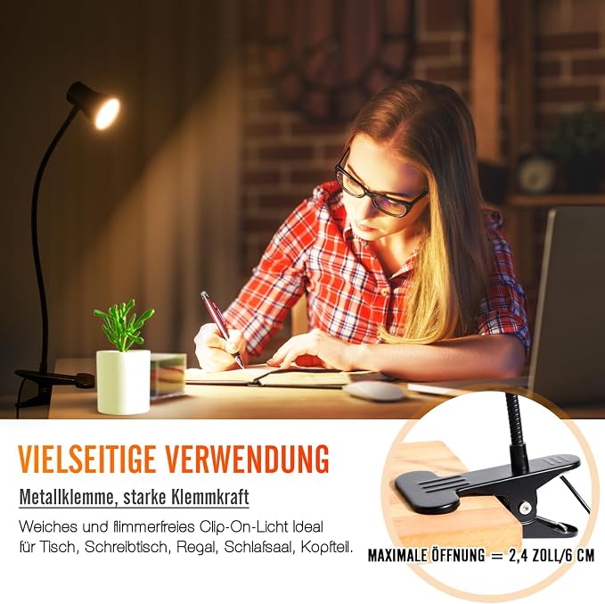 Clip Desk Lamp, USB Reading Light, Flexible Neck Led Clamp Light with 3 Color Temperature Options, 10 Dimmable Brightness Levels for Working, Studying (8W)