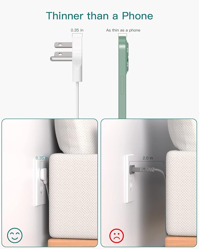 Flat Plug Power Strip, Ultra Thin Flat Extension Cord - Addtam 12 Outlet 3 Sides Multiple Outlets, 5Ft, 1050J Surge Protector, Wall Mount, Desk Charging Station for Home Office Dorm Room Essentials