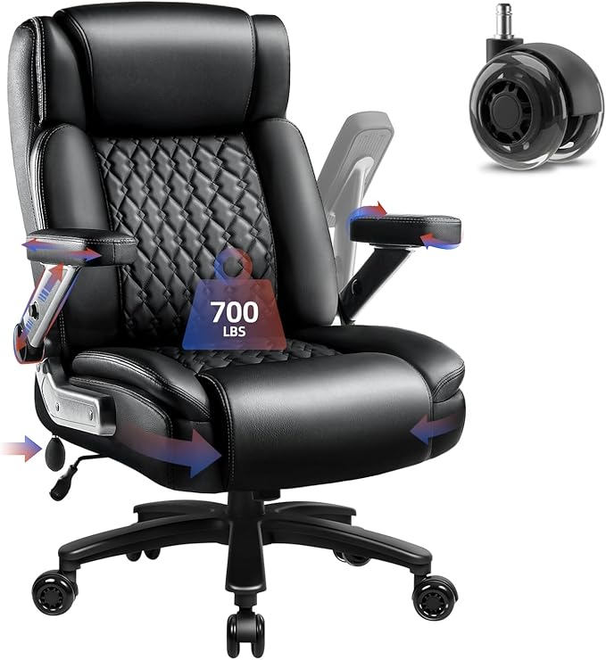 OFIKA 700LBS Large Heavy Duty Office Chair with 5D Flip Arms, Big and Tall Office Chair,High Back Computer Executive Desk Chair with Adjustable Lumbar Support,Dual Rubber Wheel(Black)