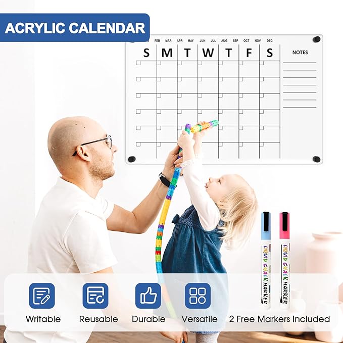 Large Acrylic Calendar for Wall, 24" X 16" Black Clear Acrylic Wall Calendar, Clear Wet & Dry Erase Calendar Hanging Frameless Monthly Planner for Office, Home or School, 2 Markers