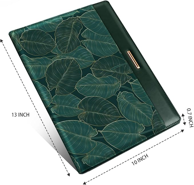 Padfolio/Resume Portfolio Folder for Women Men, WAVEYU Cute Chic Padfolio Cover Folder, Conference/Legal Document Organizer with Letter/A4 Size Clipboard, Document Sleeve, Green Leaves