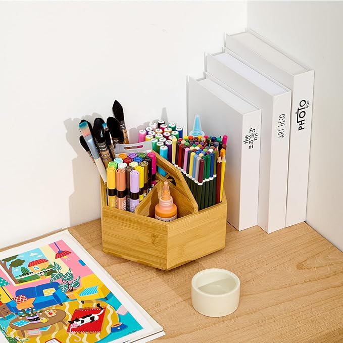 MEEDEN Bamboo Rotating Art Supply Desk Organizer: Pen & Pencil Holder for Desk- Desktop Storage for Markers, Colored Pencils, Crayons, Paint Brushes, Office School Classroom