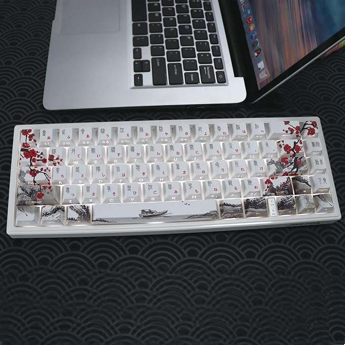 JSJT Japanese Keycaps Side-Printed Keycap Set PBT Doubleshot Shine Through Custom Keycap Cherry Profile Plum Blossom Key Caps 135 Keys for Cherry MX Switch Mechanical Keycboard