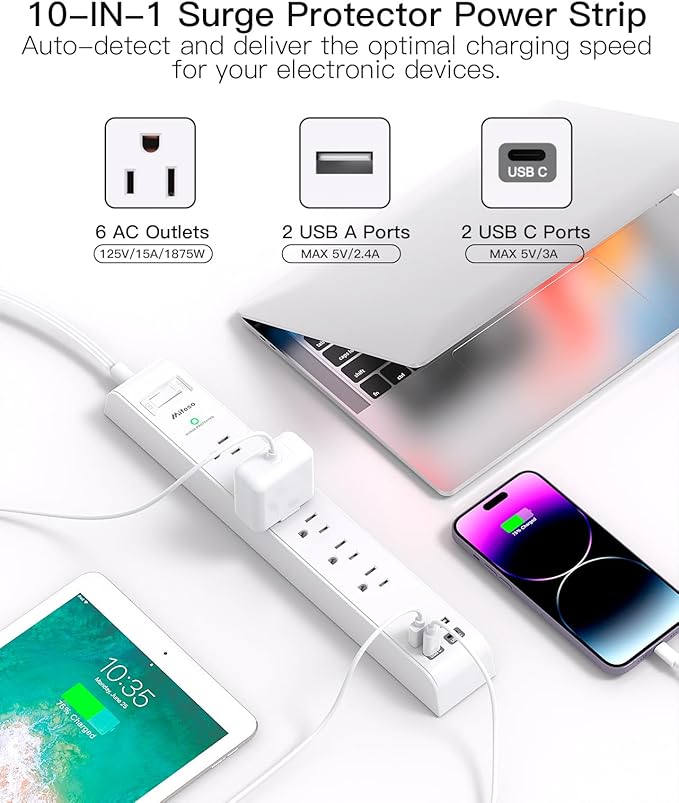 Long Power Strip Flat Plug Extension Cord, 10-in-1 with 6 AC Outlets 4 USB Ports(2 USB-C), Ultra Flat Plug Braided Extension Cord, Wall Mountable, 1080J Surge Protection