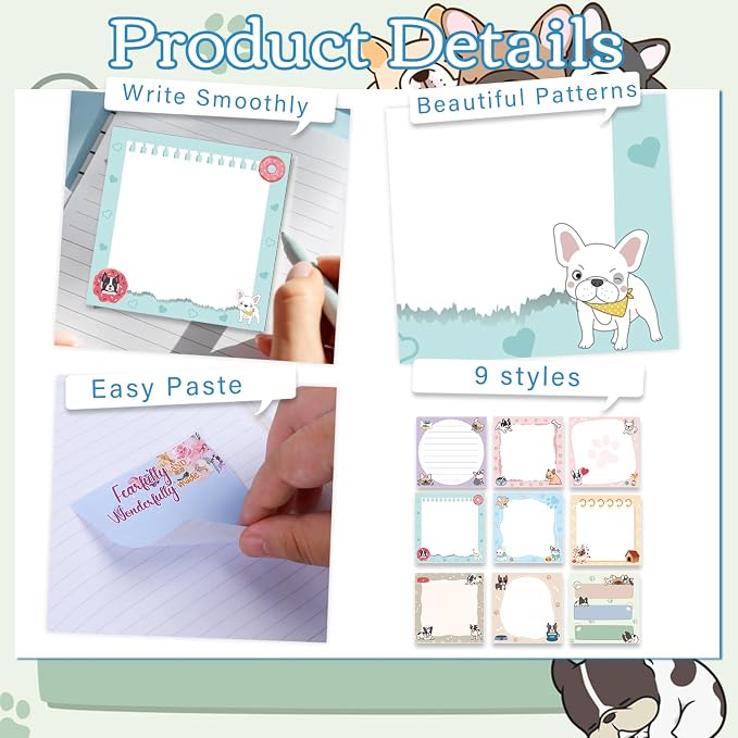 French Bulldog Dog Sticky Notes Gifts, 9 Pack Cartoon French Bulldog Notepads 3x3 Inch Gifts for Women Men, Cute Dog Self-Adhesive Memo Pads, Puppy Office School Supplies (450 Sheets)