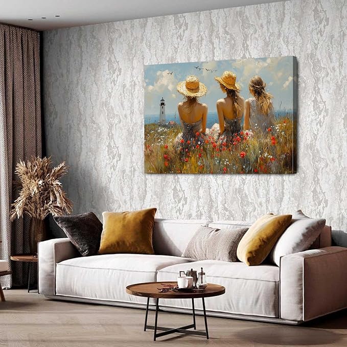 Abstract Poppy Floral Canvas Wall Art Coastal Autumn Landscape Painting Artwork Bedroom Bathroom Ocean Lighthouse Canvas Prints Girl Picture Retro Wall Decor for Gallery Living Room Decorations 32x48"
